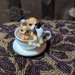 Adorable Pet Figurine in Teacup - Tan and White